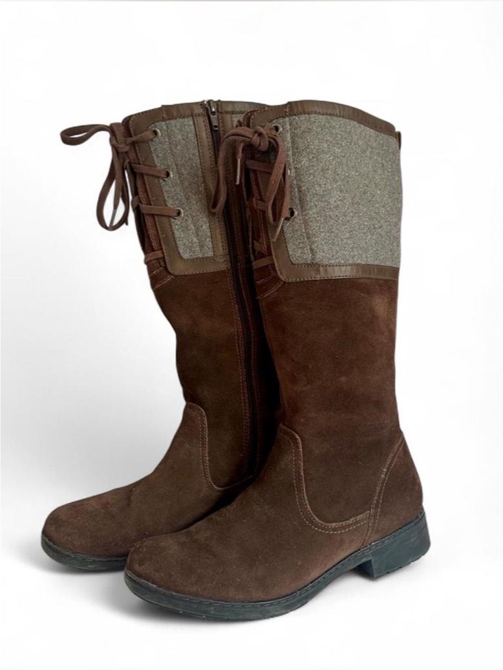 Clarks Brown Suede & Wool Merrian Anya Riding Boot with lace up closure.